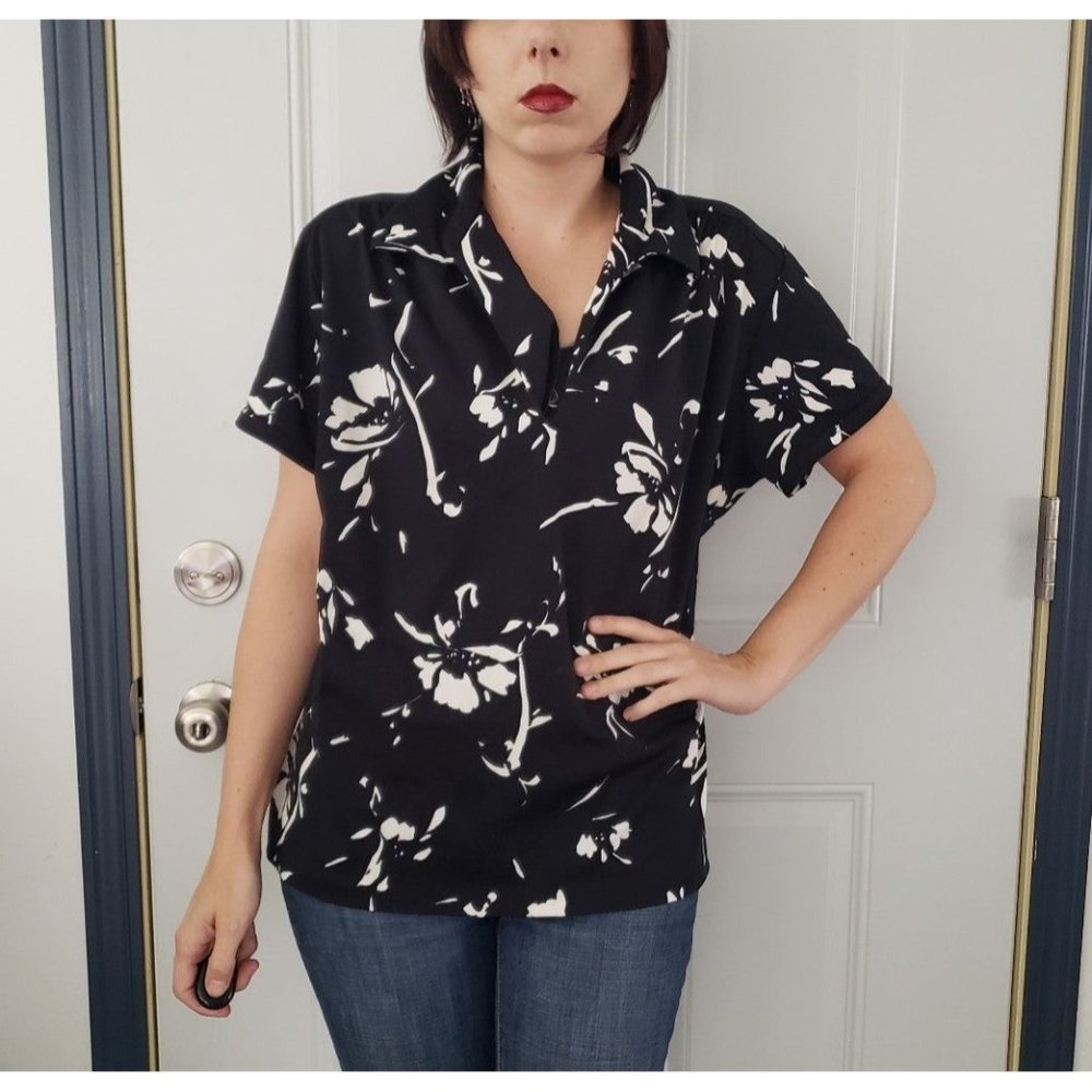 70s Black and White Polyester Blouse